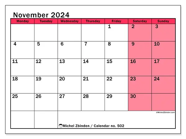 Free printable calendar no. 502 for November 2024. Week: Monday to Sunday.