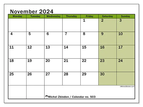 Free printable calendar no. 503 for November 2024. Week: Monday to Sunday.