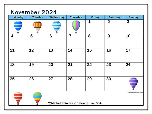 Free printable calendar no. 504 for November 2024. Week: Monday to Sunday.