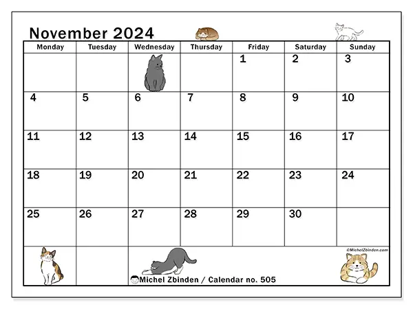 Free printable calendar no. 505 for November 2024. Week: Monday to Sunday.