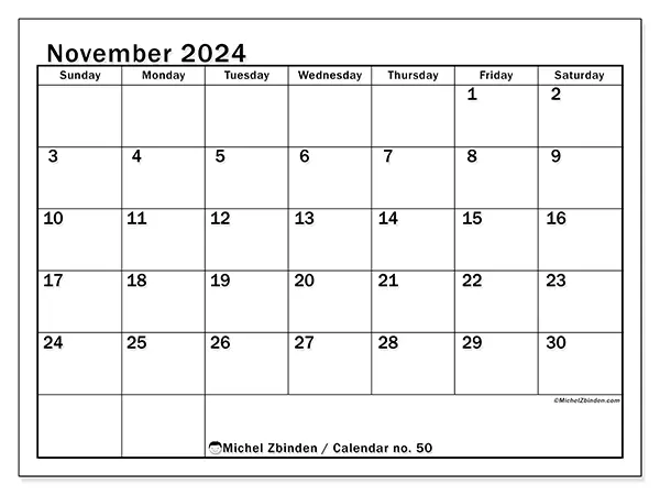Free printable calendar no. 50 for November 2024. Week: Sunday to Saturday.