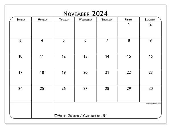 Free printable calendar no. 51, November 2025. Week:  Sunday to Saturday