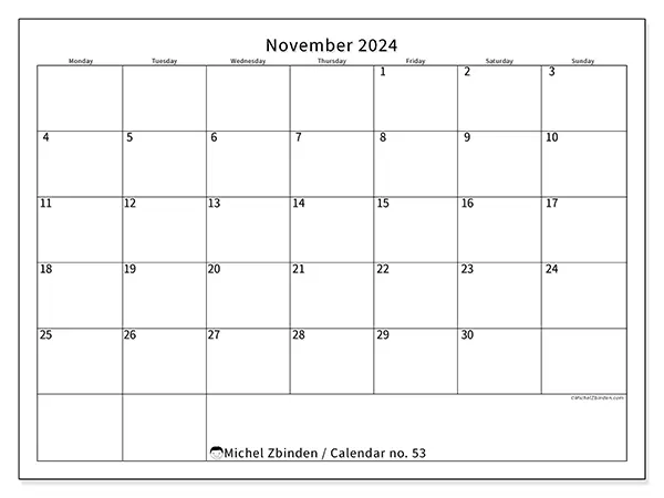 Free printable calendar no. 53 for November 2024. Week: Monday to Sunday.