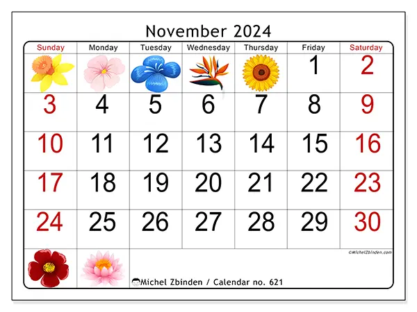 Free printable calendar no. 621 for November 2024. Week: Sunday to Saturday.