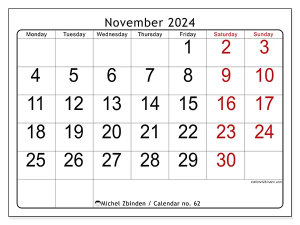 Free printable calendar no. 62 for November 2024. Week: Monday to Sunday.
