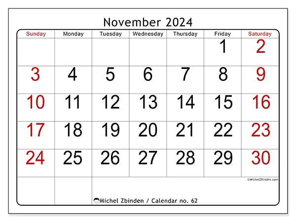 Printable calendar no. 62, November 2024