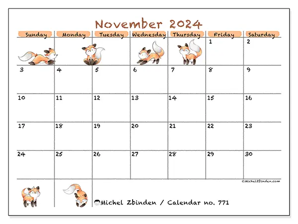 Free printable calendar no. 771 for November 2024. Week: Sunday to Saturday.