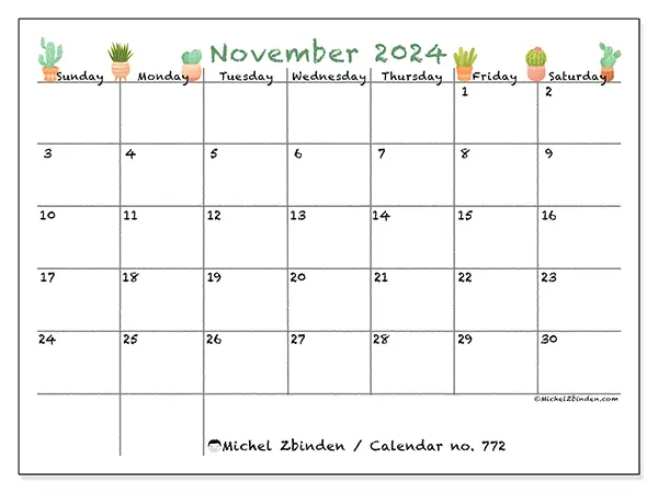 Free printable calendar no. 772 for November 2024. Week: Sunday to Saturday.