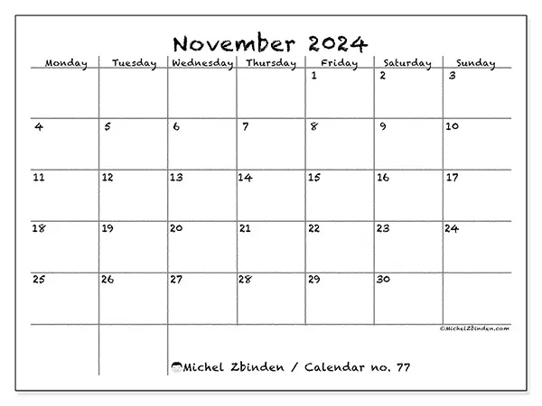 Printable calendar no. 77, November 2024