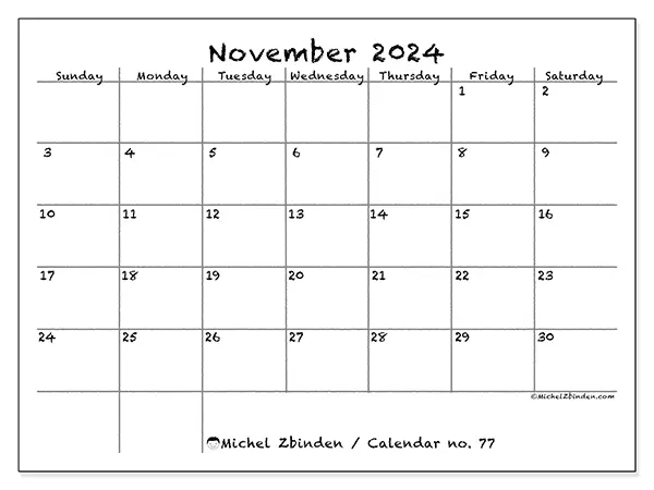 Free printable calendar no. 77 for November 2024. Week: Sunday to Saturday.