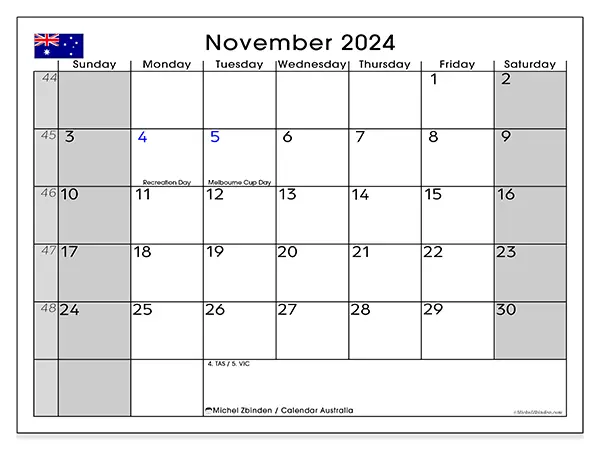 Free printable calendar Australia for November 2024. Week: Sunday to Saturday.