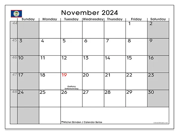 Free printable calendar Belize, November 2025. Week:  Sunday to Saturday