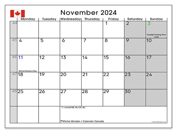 Free printable calendar Canada for November 2024. Week: Monday to Sunday.