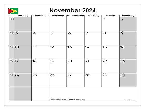 Free printable calendar Guyana for November 2024. Week: Sunday to Saturday.