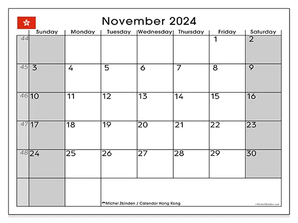 Free printable calendar Hong Kong for November 2024. Week: Sunday to Saturday.