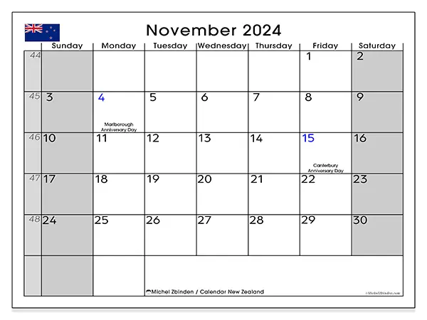 Free printable calendar New Zealand for November 2024. Week: Sunday to Saturday.