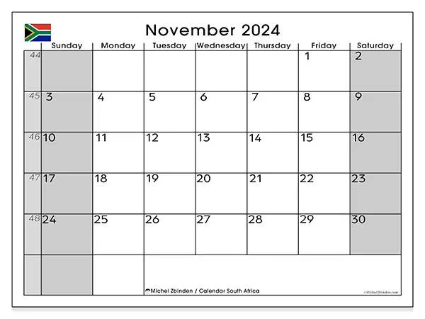 Free printable calendar South Africa for November 2024. Week: Sunday to Saturday.