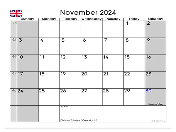Free printable calendar UK for November 2024. Week: Sunday to Saturday.