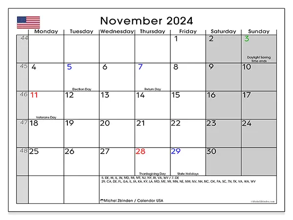 Free printable calendar USA for November 2024. Week: Monday to Sunday.