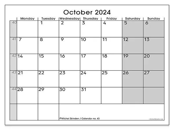 Free printable calendar n° 43 for October 2024. Week: Monday to Sunday.