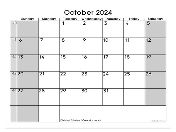 Free printable calendar n° 43 for October 2024. Week: Sunday to Saturday.