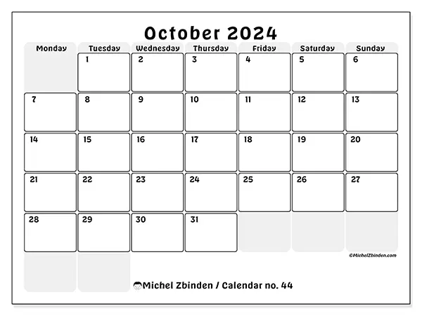Free printable calendar n° 44 for October 2024. Week: Monday to Sunday.