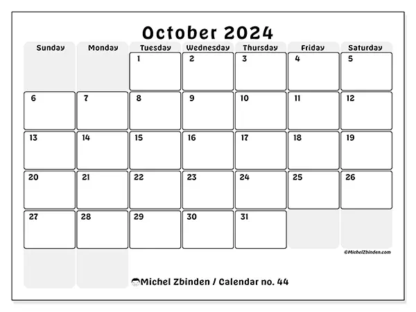 Free printable calendar n° 44 for October 2024. Week: Sunday to Saturday.