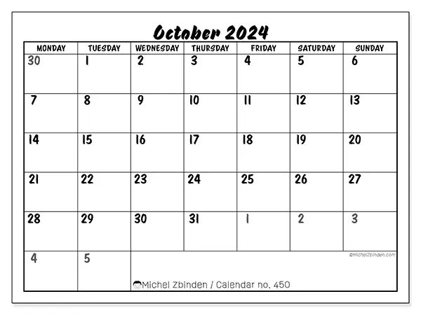 Free printable calendar n° 450 for October 2024. Week: Monday to Sunday.