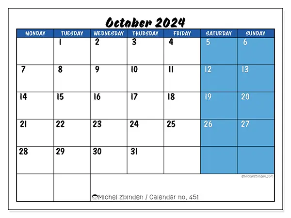 Free printable calendar n° 451 for October 2024. Week: Monday to Sunday.