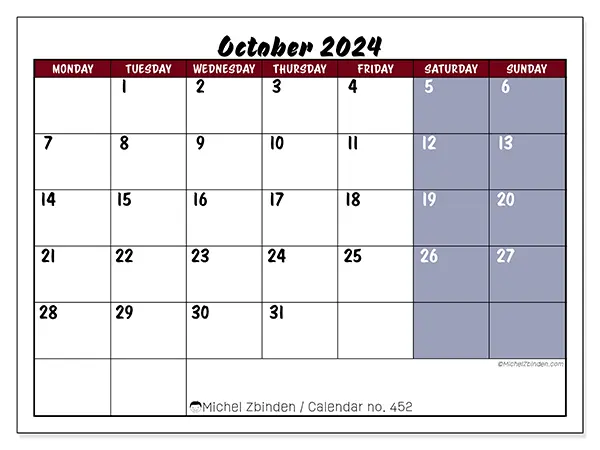 Free printable calendar n° 452 for October 2024. Week: Monday to Sunday.