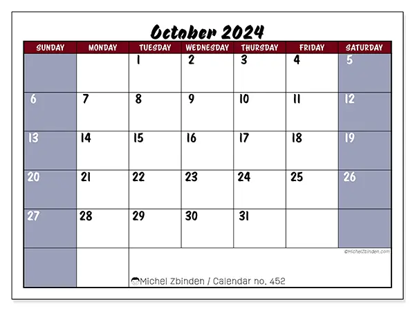 Free printable calendar n° 452 for October 2024. Week: Sunday to Saturday.