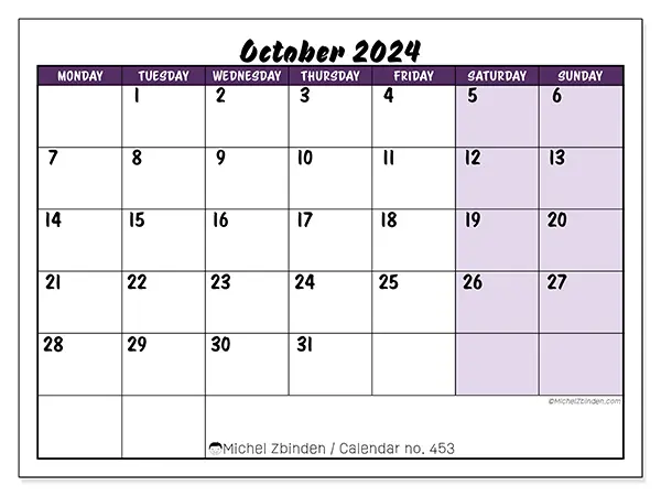 Free printable calendar n° 453 for October 2024. Week: Monday to Sunday.