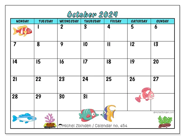 Free printable calendar n° 454 for October 2024. Week: Monday to Sunday.