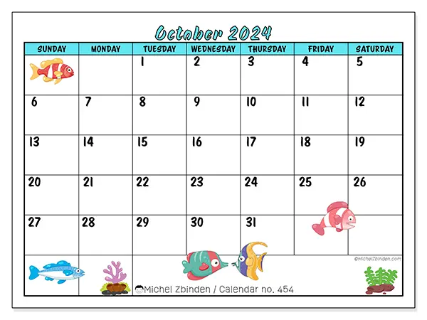 Free printable calendar n° 454 for October 2024. Week: Sunday to Saturday.