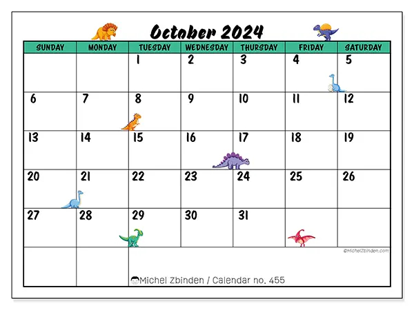 Free printable calendar n° 455 for October 2024. Week: Sunday to Saturday.