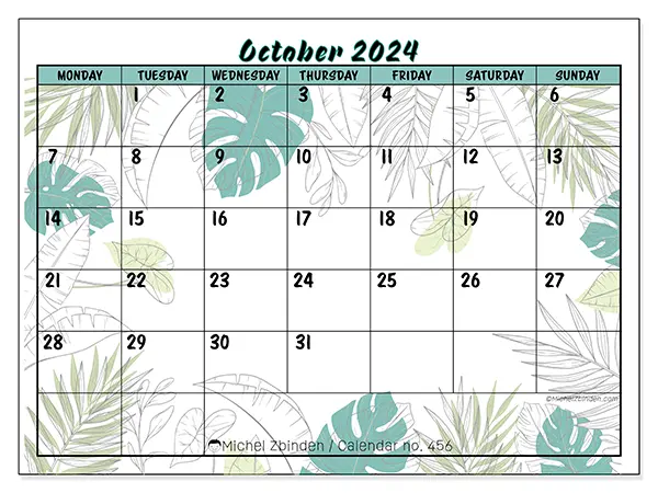 Free printable calendar n° 456 for October 2024. Week: Monday to Sunday.