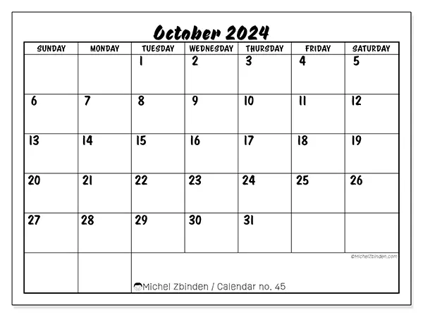 Free printable calendar no. 45 for October 2024. Week: Sunday to Saturday.