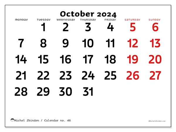 Free printable calendar no. 46 for October 2024. Week: Monday to Sunday.
