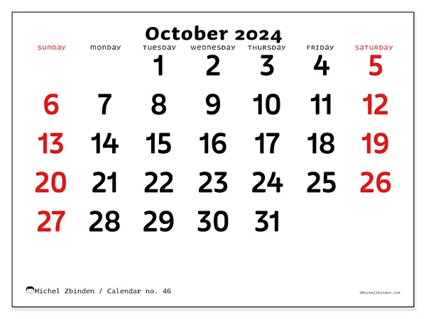 Free printable calendar no. 46 for October 2024. Week: Sunday to Saturday.