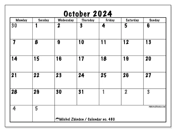 Free printable calendar no. 480 for October 2024. Week: Monday to Sunday.