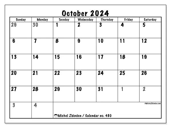 Free printable calendar no. 480 for October 2024. Week: Sunday to Saturday.