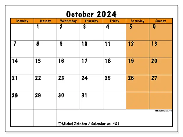 Free printable calendar no. 481 for October 2024. Week: Monday to Sunday.