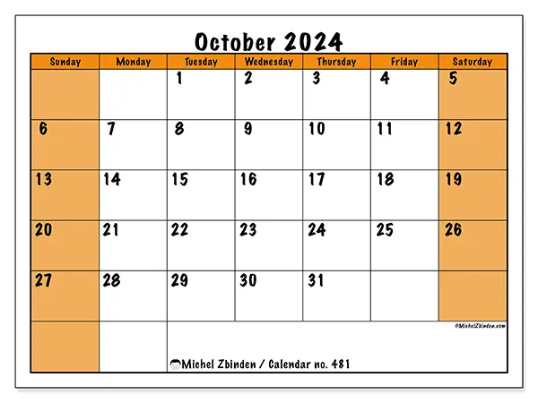 Free printable calendar no. 481 for October 2024. Week: Sunday to Saturday.
