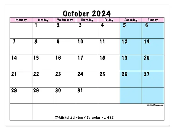 Free printable calendar no. 482 for October 2024. Week: Monday to Sunday.