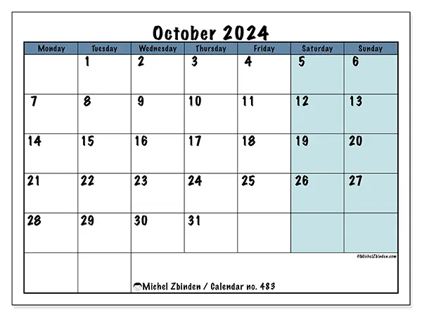 Free printable calendar no. 483 for October 2024. Week: Monday to Sunday.
