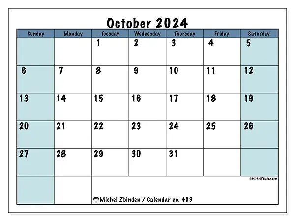 Free printable calendar no. 483 for October 2024. Week: Sunday to Saturday.