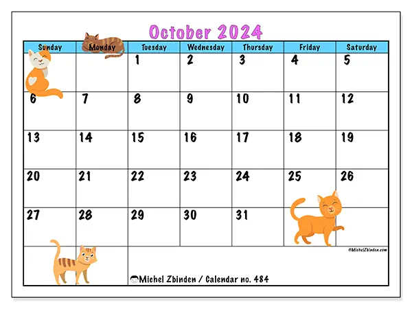 Free printable calendar no. 484 for October 2024. Week: Sunday to Saturday.