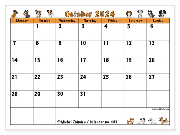 Free printable calendar no. 485 for October 2024. Week: Monday to Sunday.