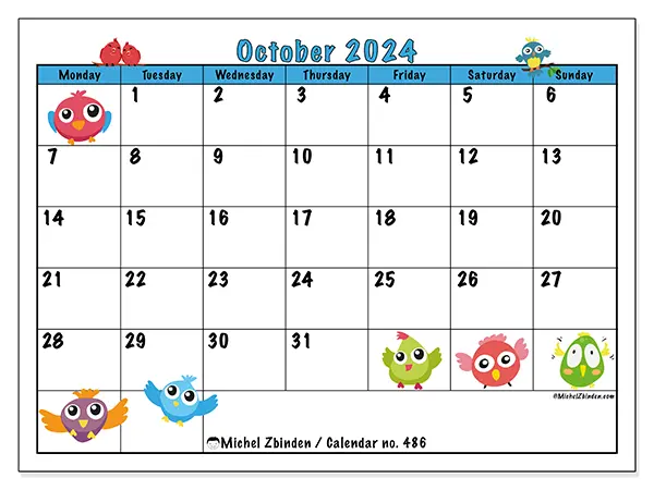 Free printable calendar no. 486 for October 2024. Week: Monday to Sunday.