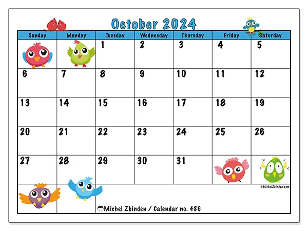 Free printable calendar no. 486 for October 2024. Week: Sunday to Saturday.
